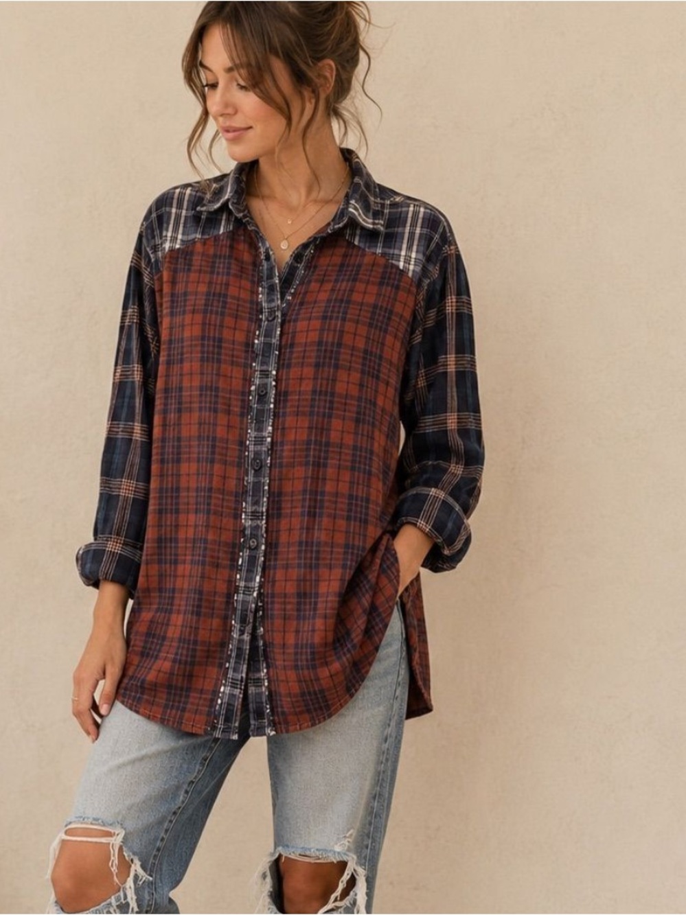 NATURAL LIFE Rust & Navy Plaid Button-Down Shirt